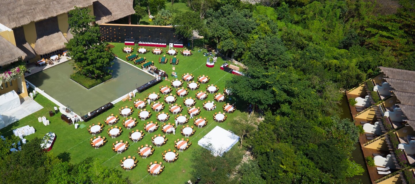 An aerial view of a large resort with a lawn and trees, Grand Velas Riviera Maya, Playa del Carmen, Mexico