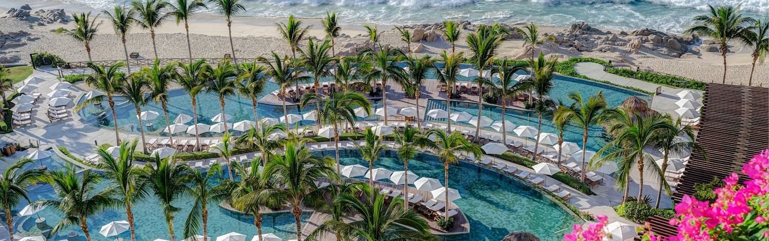 The resort is surrounded by palm trees and a beach, Grand Velas Los Cabos, San Lucas, Mexico