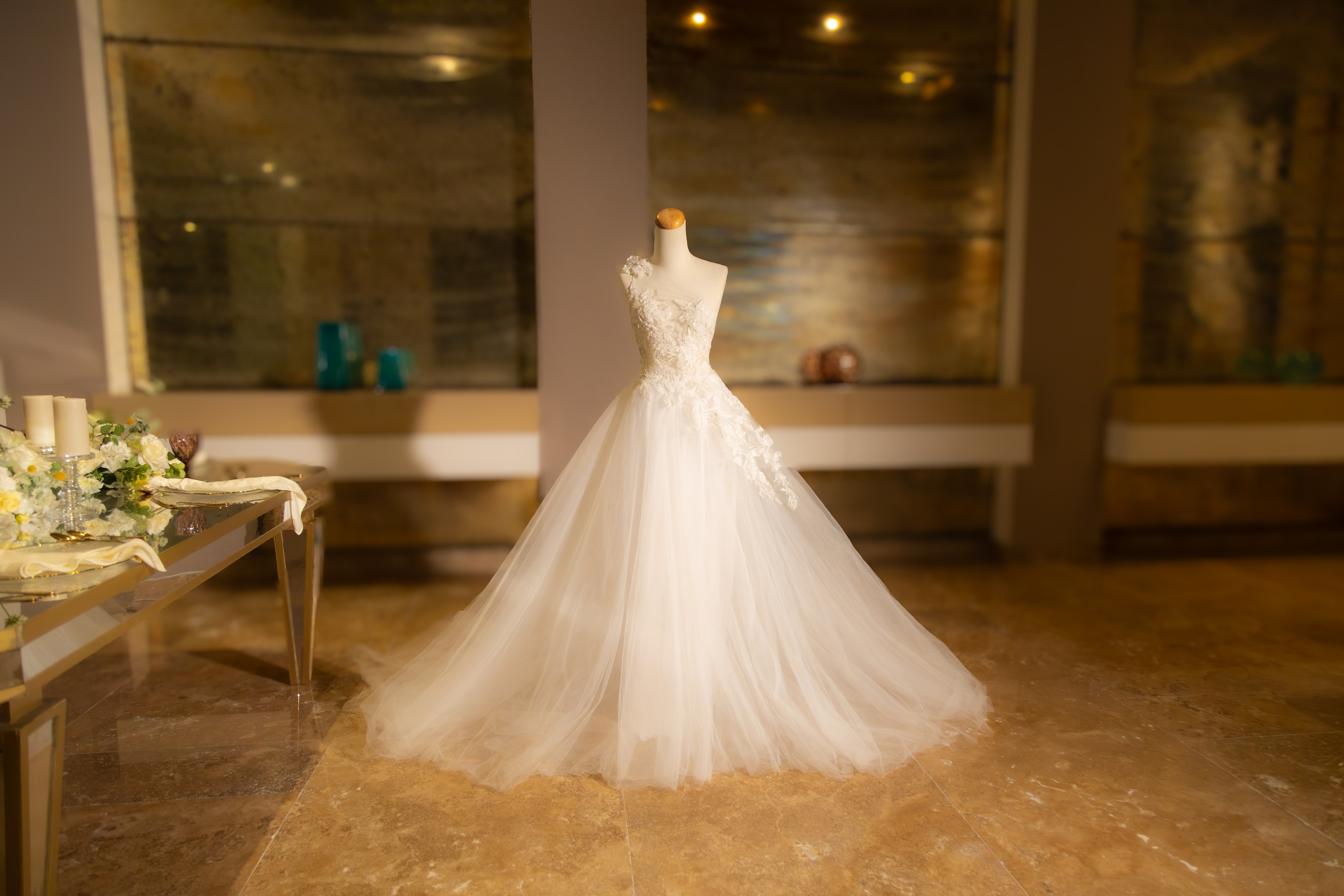 A white wedding dress on a mannequin
