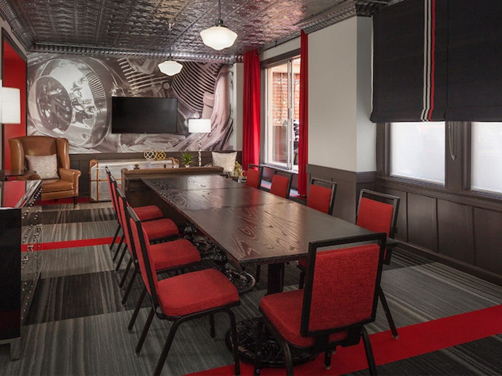 Modern conference room with red chairs at Hotel Triton Union Square San Francisco, CA
