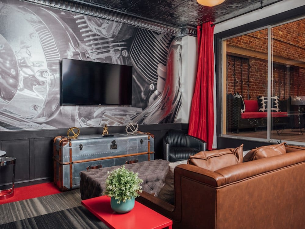 Creative lounge area with leather seating at Hotel Triton Union Square San Francisco, CA