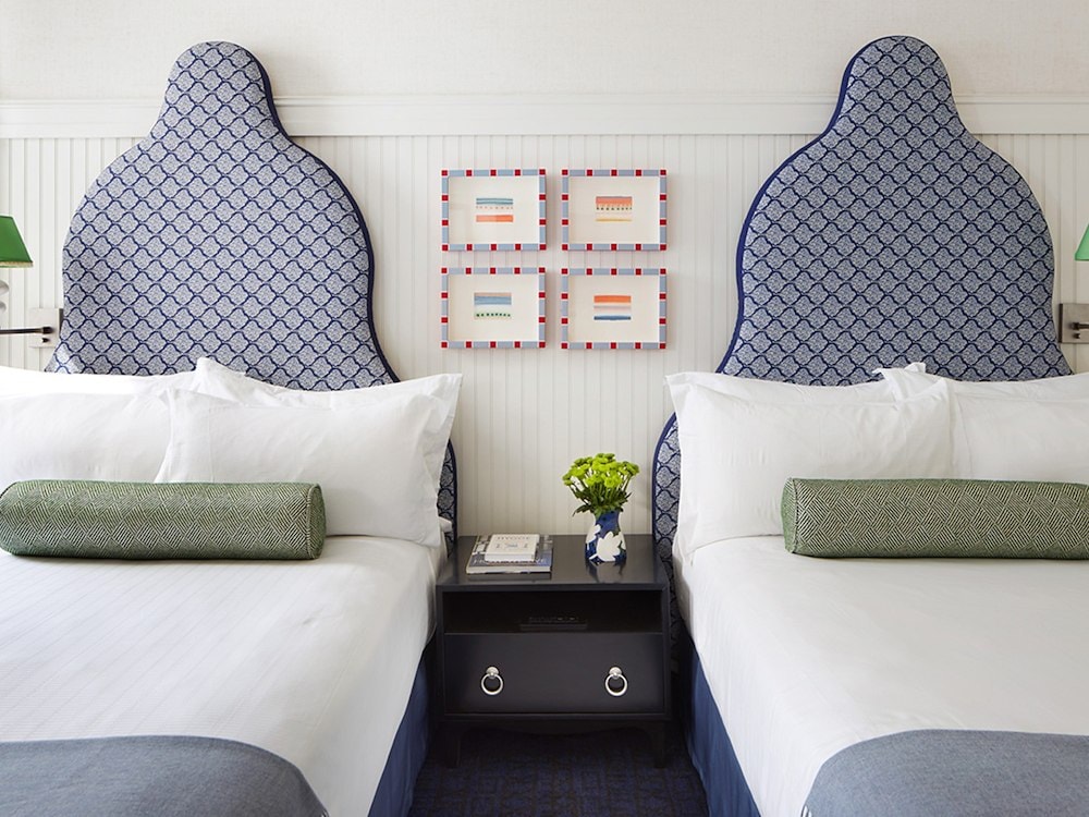 Two double beds with blue patterned headboards at Hotel Triton Union Square San Francisco, CA