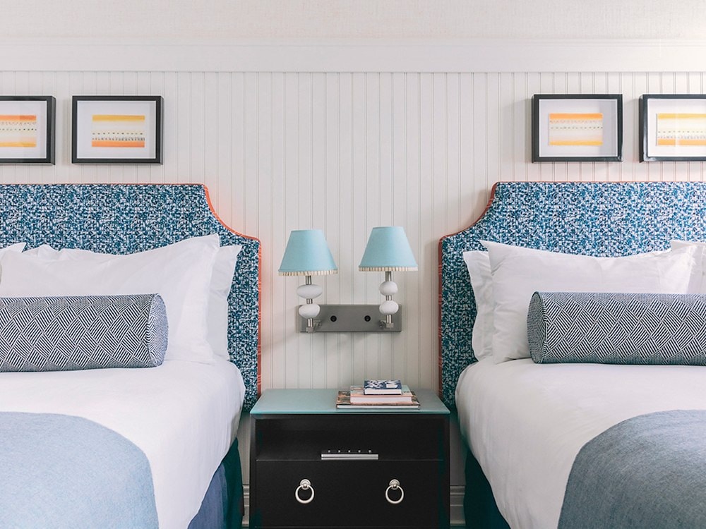 Two beds with blue patterned headboards at Hotel Triton Union Square San Francisco, San Francisco, CA