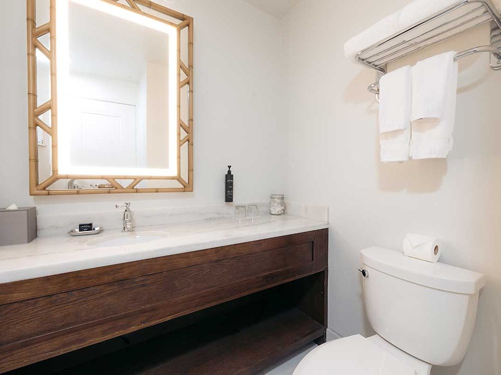 Modern guest bathroom with vanity and towels at Hotel Triton Union Square San Francisco