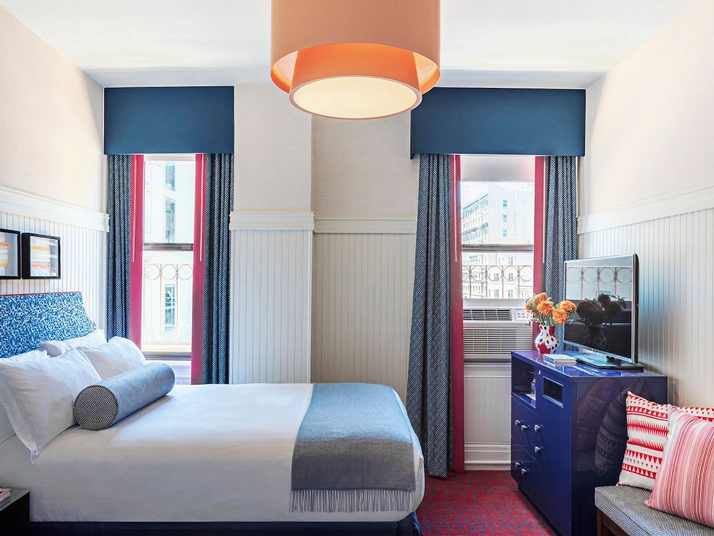 Stylish hotel ADA room with colorful decor at Hotel Triton Union Square San Francisco, CA