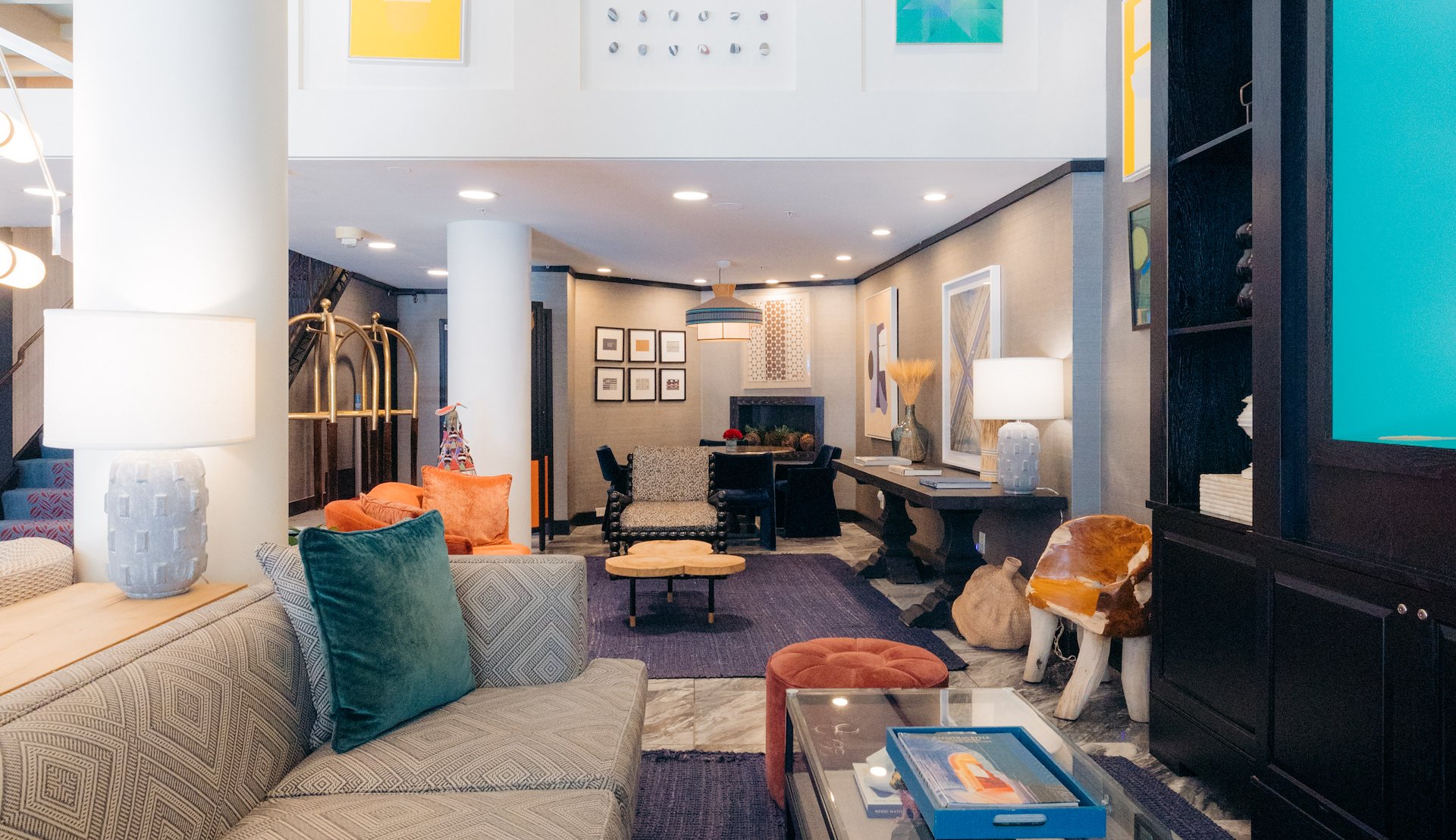 The lobby of Hotel Triton showcases stylish decor and cozy seating, San Francisco, California.