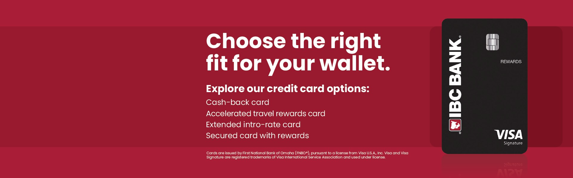 Promotional banner for IBC Bank’s Complete Rewards Visa Signature Card offering 15,000 bonus points after qualifying purchases, with an ‘Apply Now’ prompt and an image of a black credit card on a red patterned background.