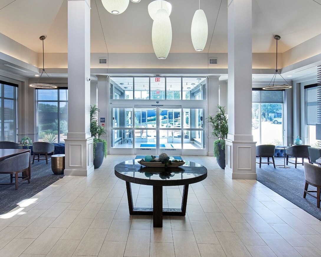 Hotel entrance with decorated table