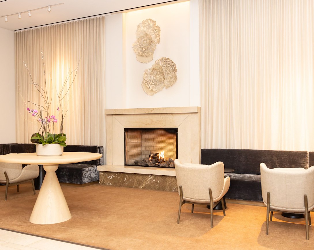Hotel lobby with a fireplace