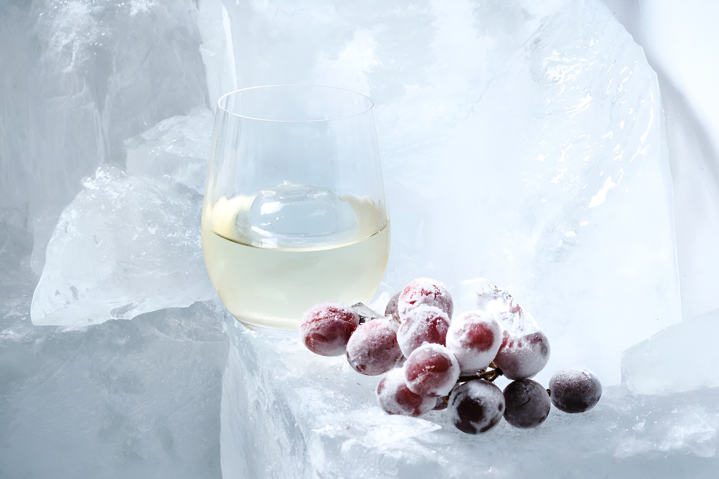 A stemless wine glass with white wine and a small bunch of frozen grapes sitting on ice blocks.