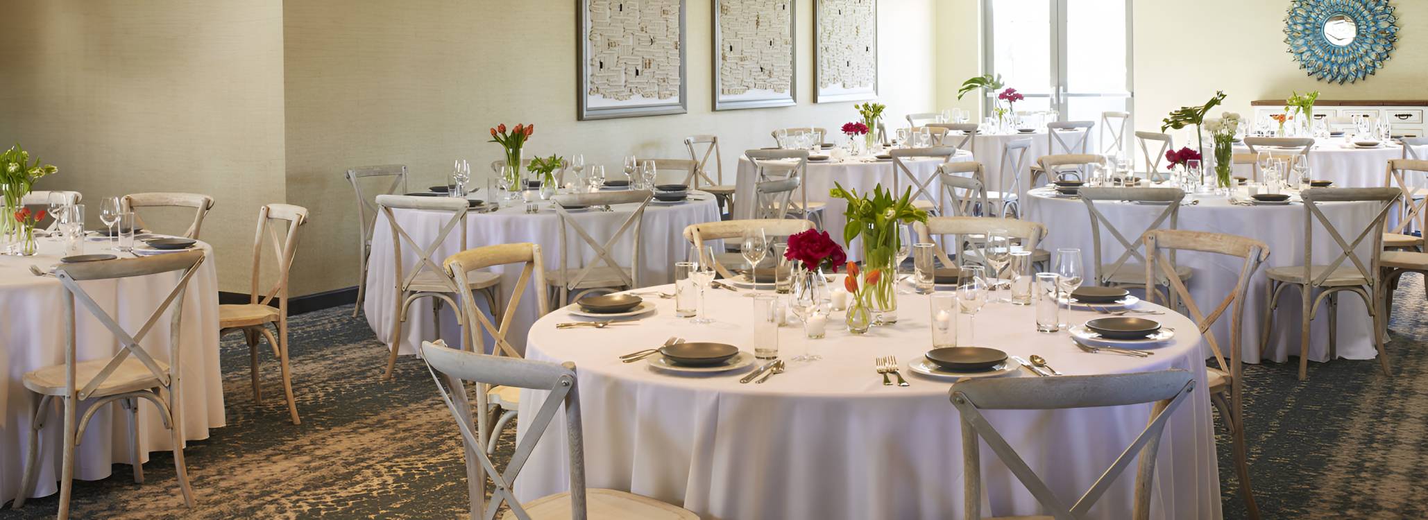 Bright banquet room at Pacific Hideaway, Huntington Beach, CA.