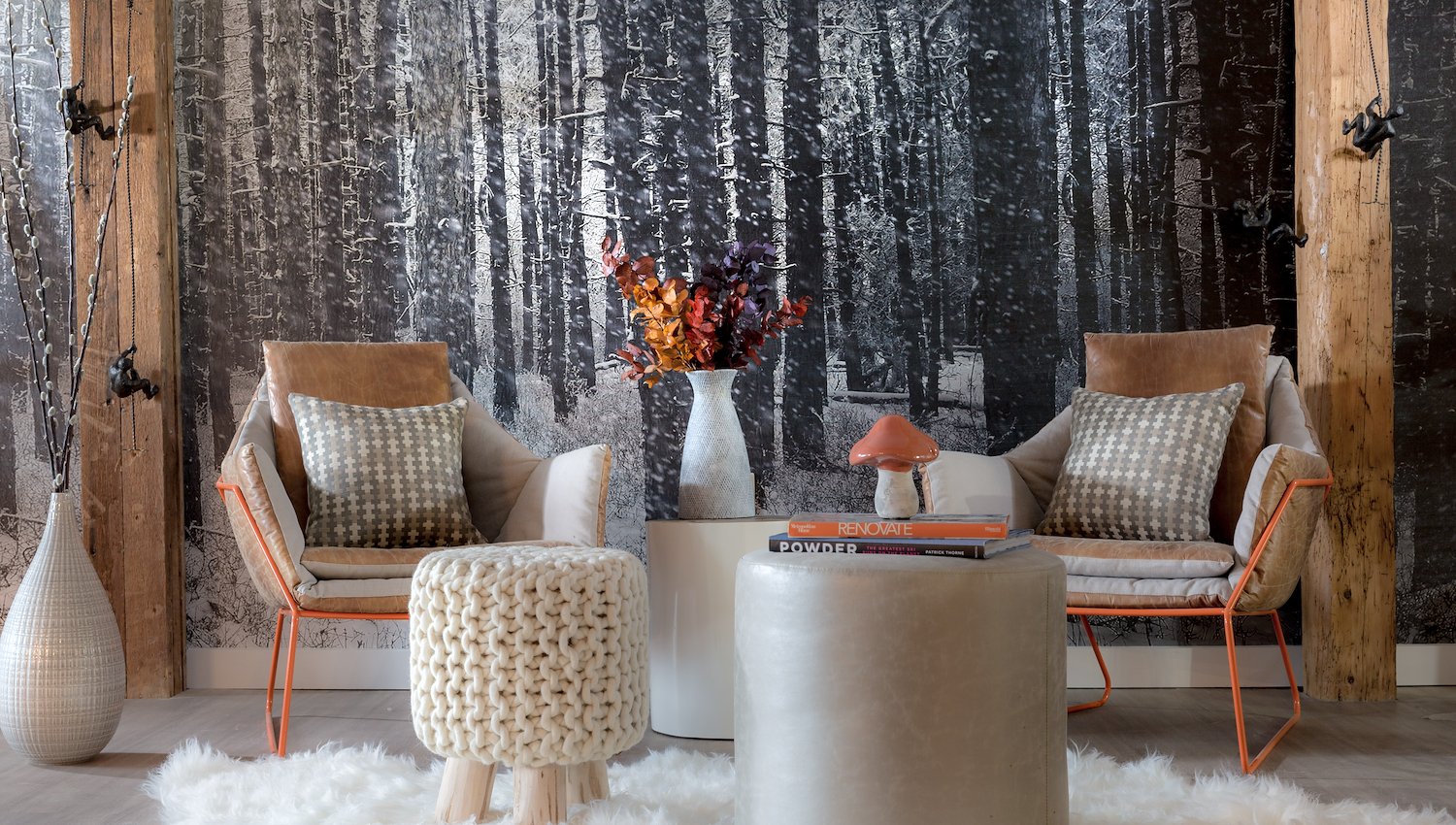 Welcome to Field Guide Lodge, Stowe, VT enojy our cozy lobby with birch tree background and ski lodge design