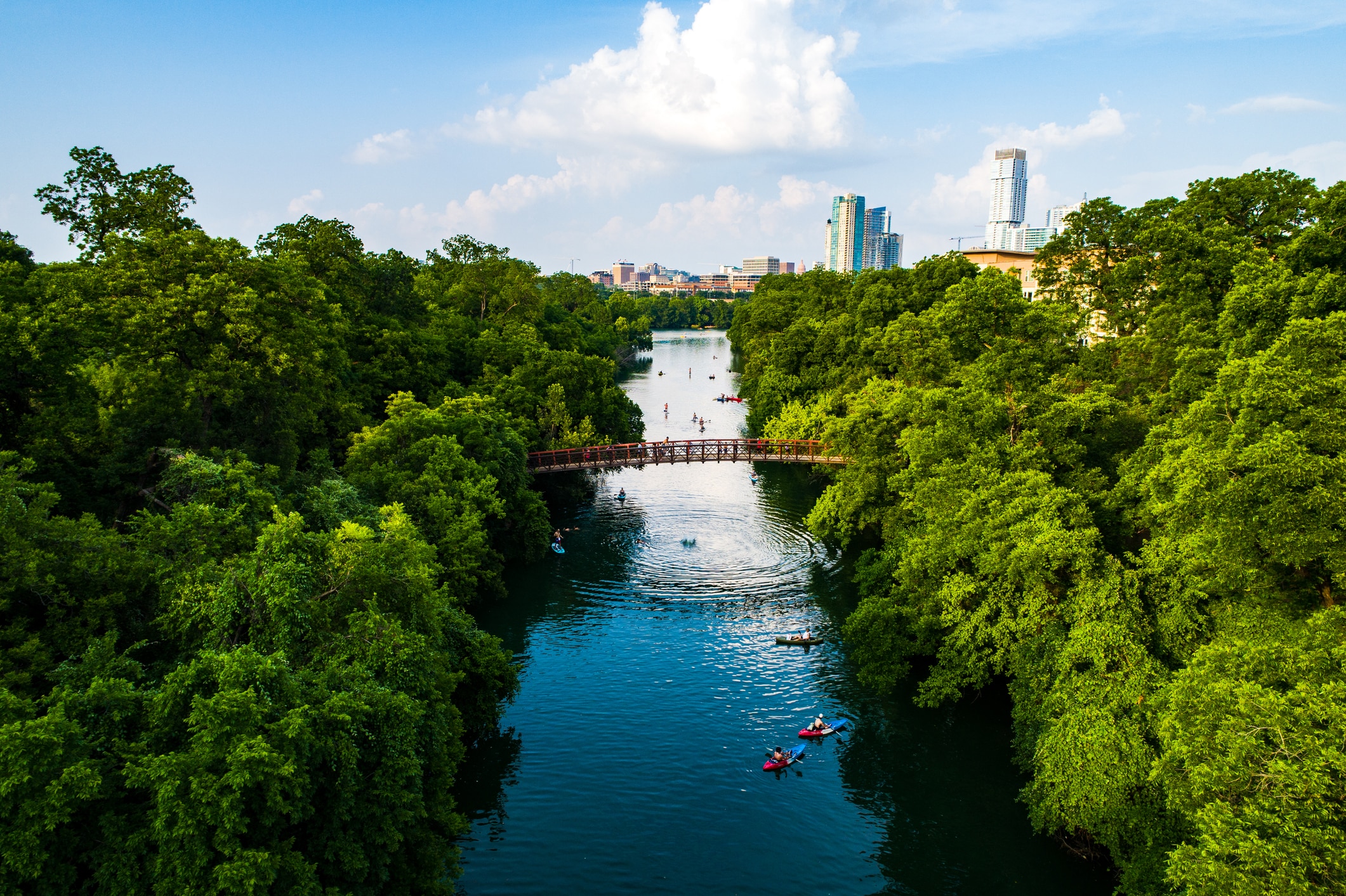 Aerial view of a lake with people kayaking, surrounded by trees and a city skyline in the background