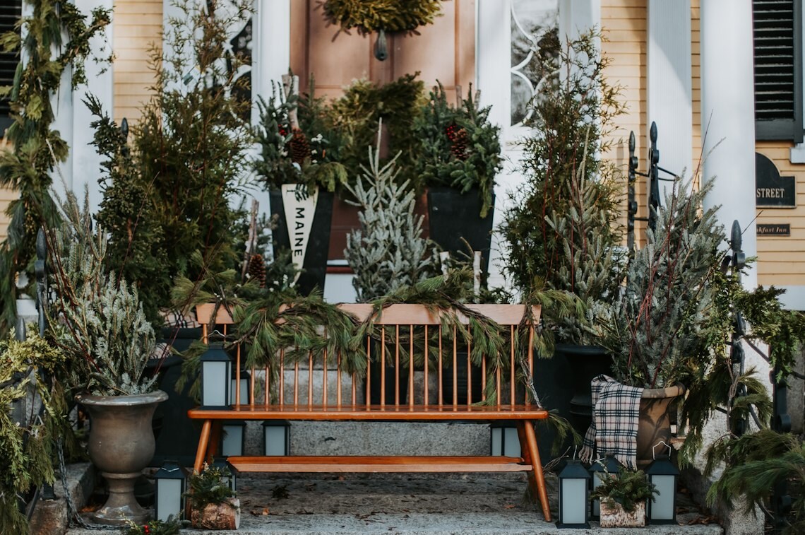 Festive winter porch decor at Kennebunkport Captains Collection, ME