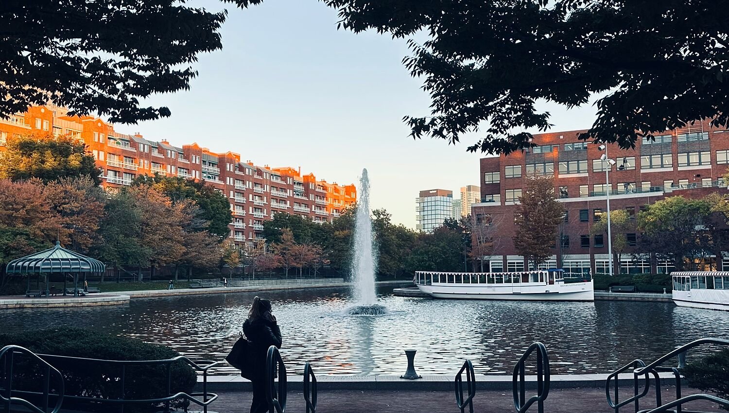 Person by fountain in Cambridge, Massachusetts