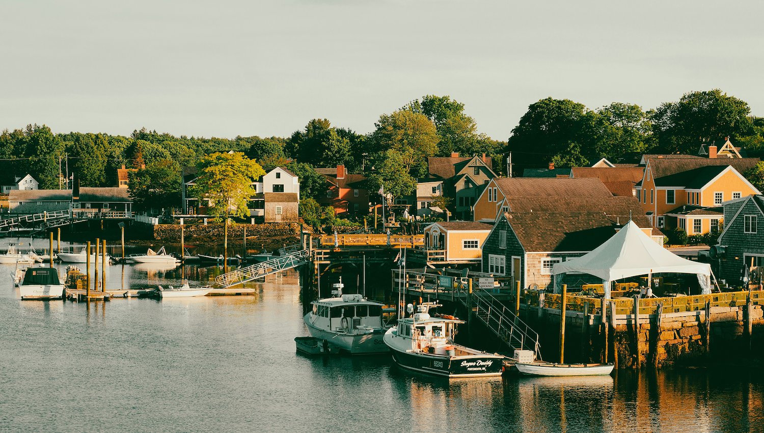Harbor filled with small boats along the Portsmouth, New Hampshire waterfront