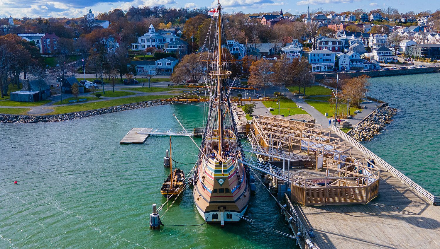 Mayflower II replica ship docked at Plymouth Harbor waterfront, Massachusetts