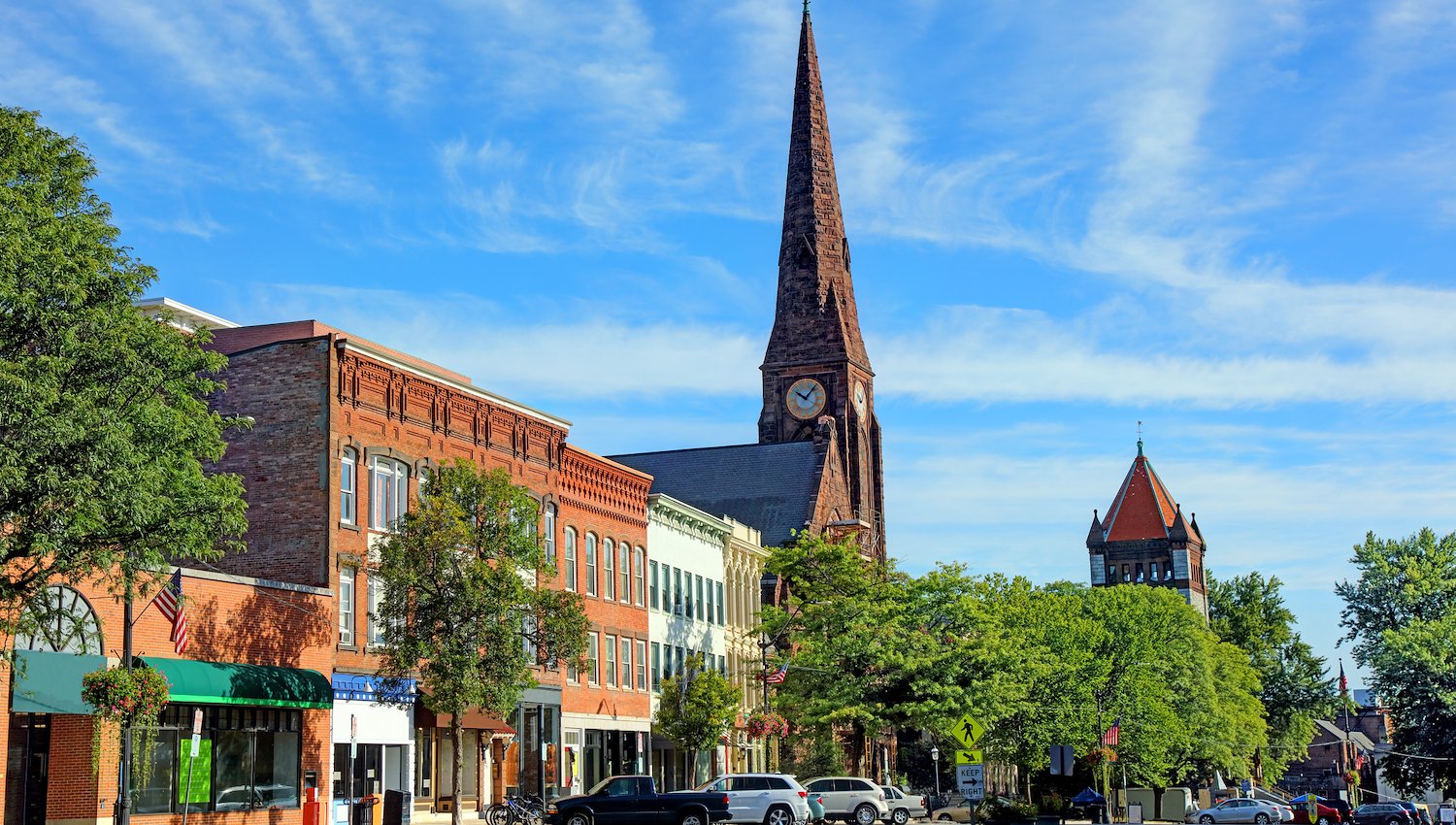 Northampton historic buildings with clock in steeple in Massachusetts