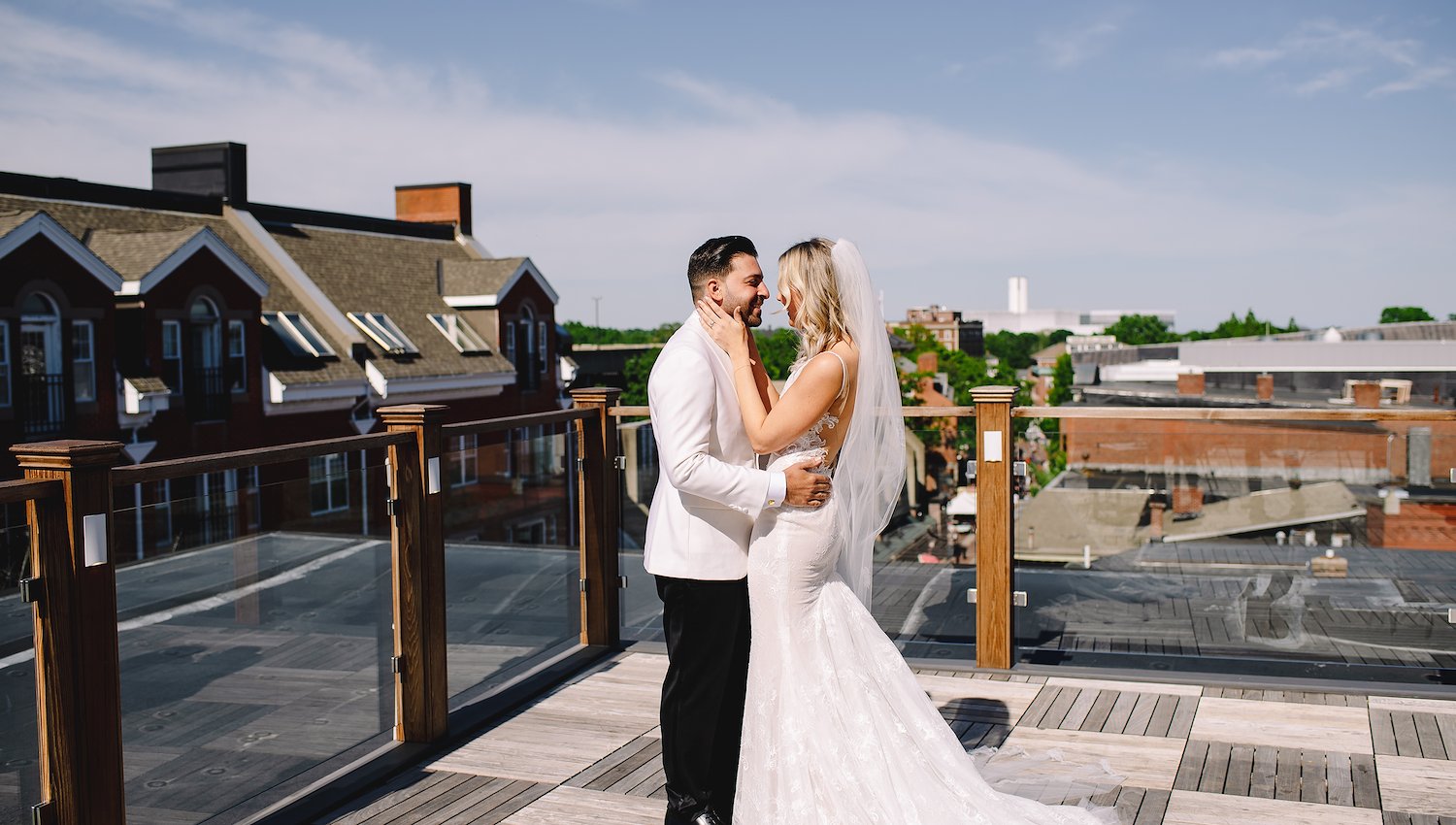 Happy couple on the rooftop of The Hotel Salem, MA