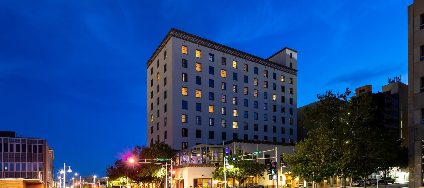 Hotel Andaluz Exterior at Night in Albuquerque, New Mexico