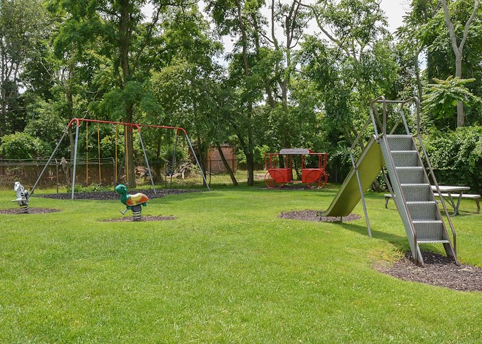 A playground with swings, slides and a tree at California Apartments in Absecon, New Jersey