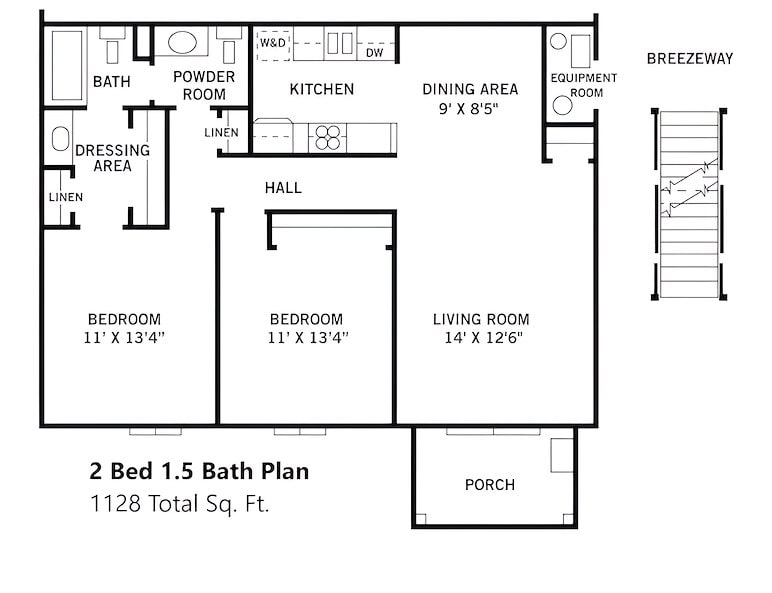 2 bedroom, 1.5 bathroom floor plan at California Apartments in Absecon, New Jersey