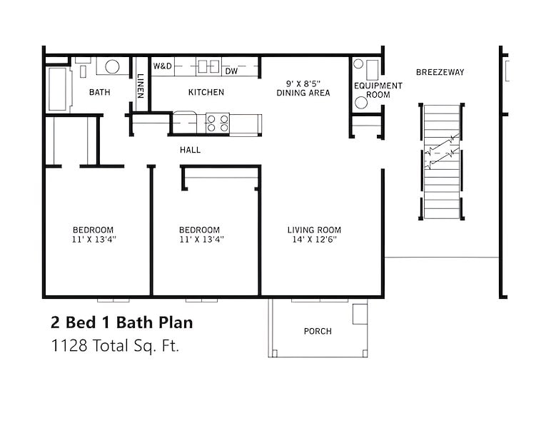 2 bed 1 bath floor plan at California Apartments in Absecon, New Jersey