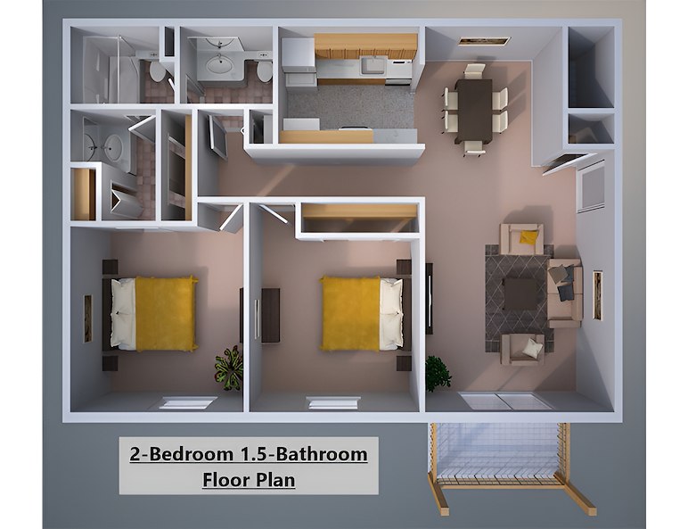 2 bedroom, 1.5 bathroom floor plan at California Apartments in Absecon, New Jersey