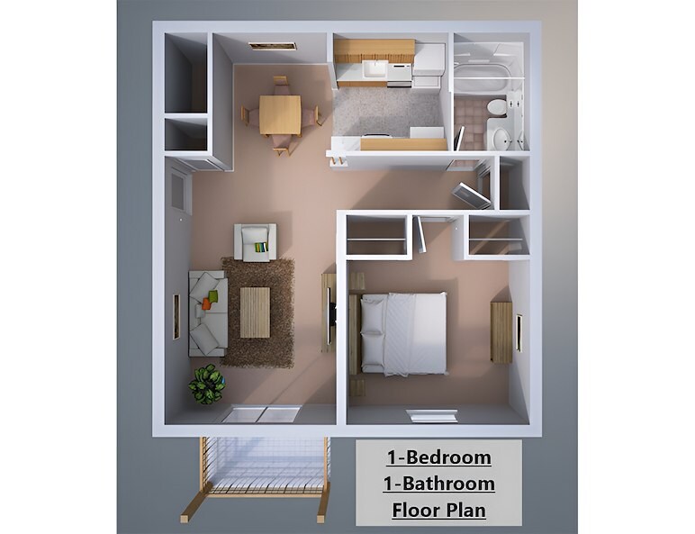 The floor plan for a one bedroom apartment at California Apartments in Absecon, New Jersey