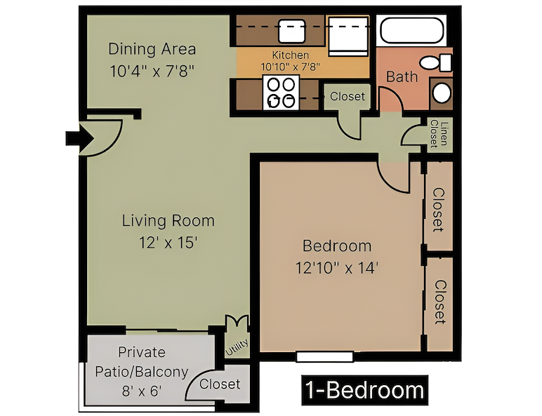 The floor plan for a one bedroom apartment, Country Club Apartments, Huntington, West Virginia
