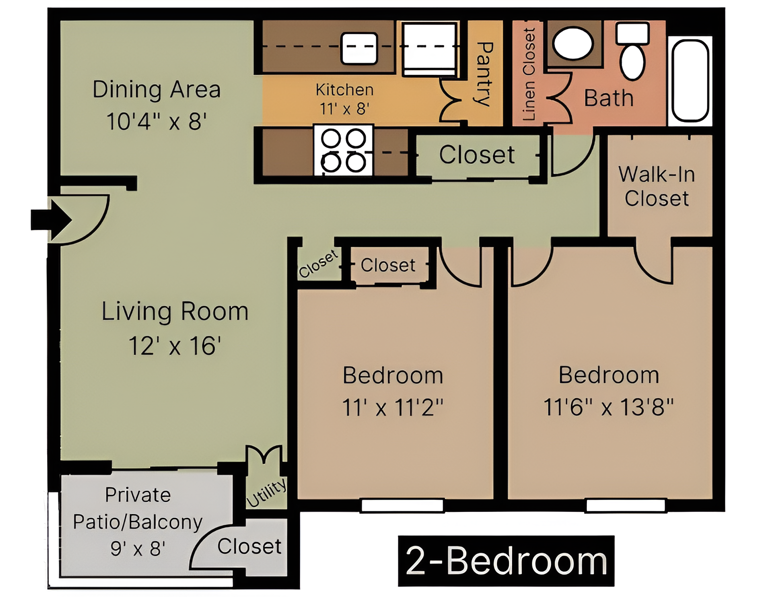 The floor plan for a two bedroom apartment, Country Club Apartments, Huntington, West Virginia