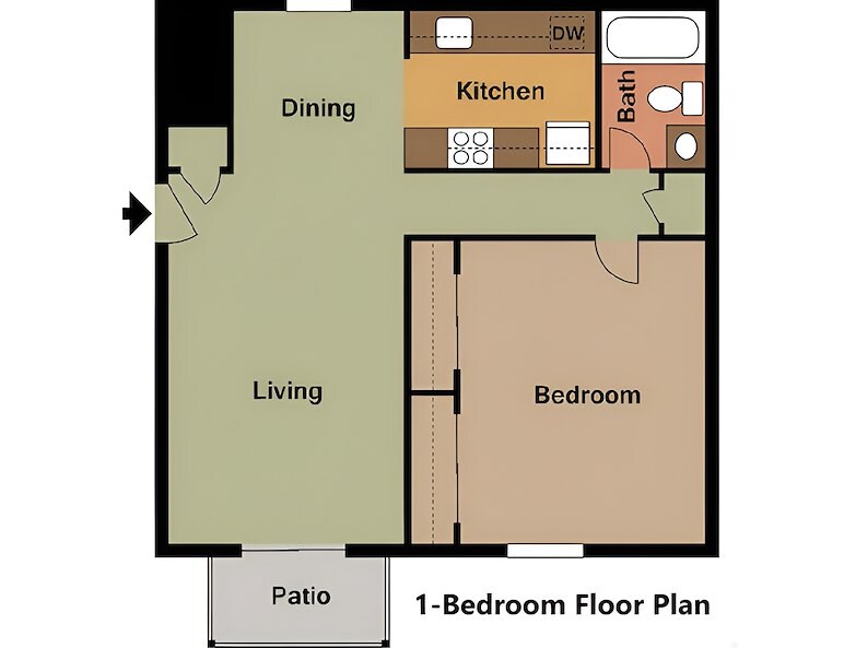 1 bedroom floor plan at the village at the lake, East Mountain Apartments, Wilkes-Barre, Pennsylvania