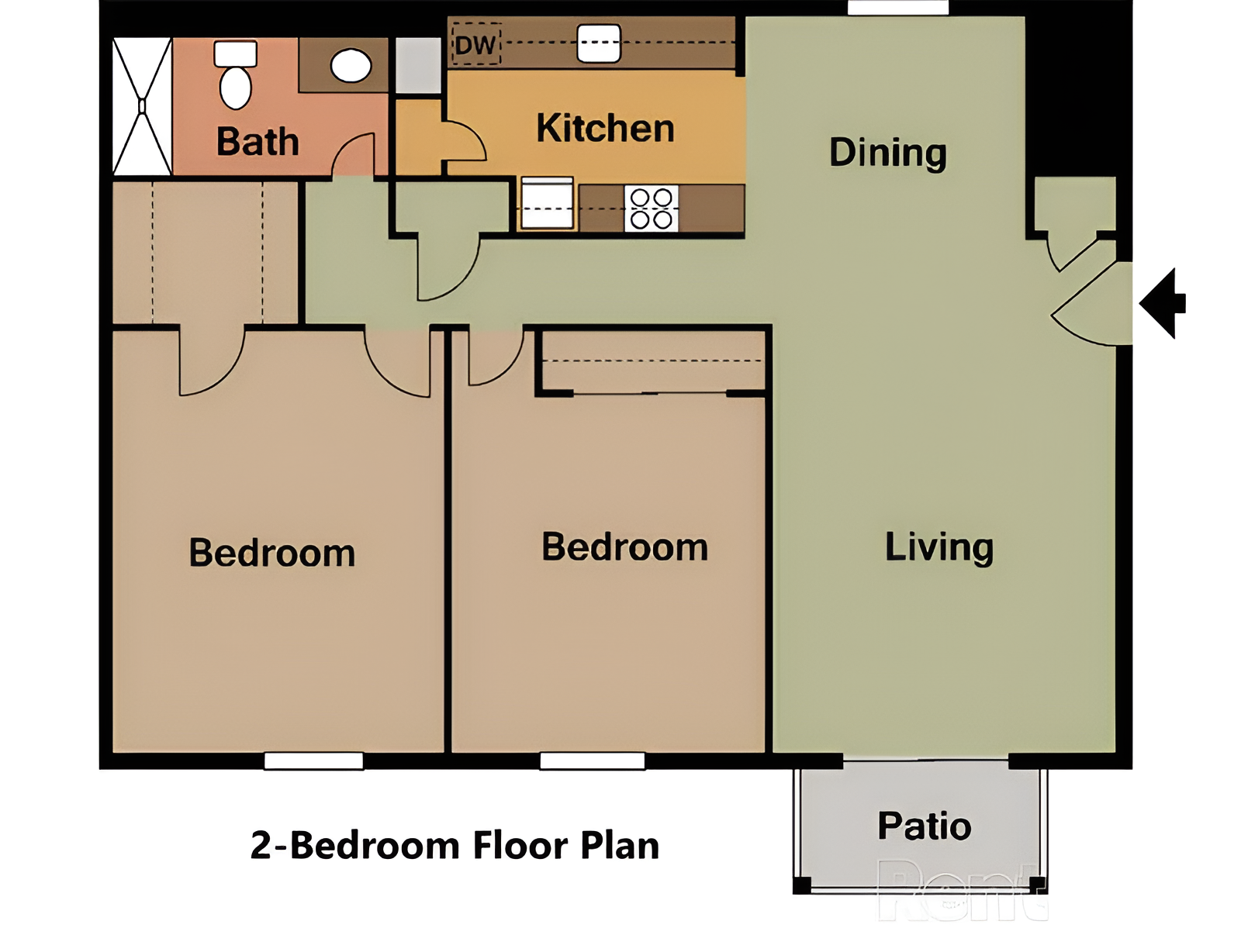 2 bedroom floor plan at the village at the lake, East Mountain Apartments, Wilkes-Barre, Pennsylvania