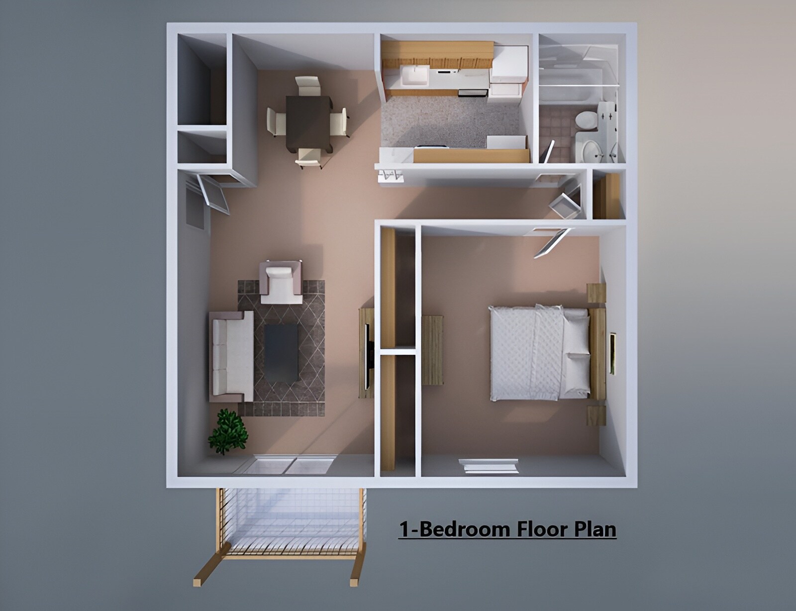 A 3d rendering of a bedroom floor plan, East Mountain Apartments, Wilkes-Barre, Pennsylvania