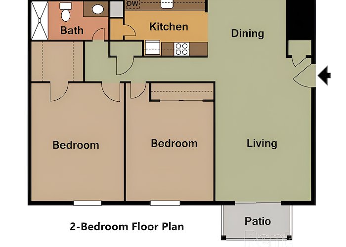2 bedroom floor plan at the village at the lake, East Mountain Apartments, Wilkes-Barre, Pennsylvania