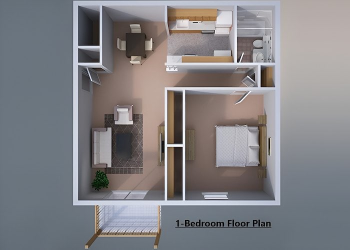 A 3d rendering of a bedroom floor plan, East Mountain Apartments, Wilkes-Barre, Pennsylvania