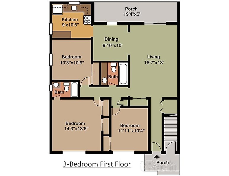 The floor plan of a 2D view of a 3-bedroom first floor at Gateway Apartments in Edwardsville, Pennsylvania