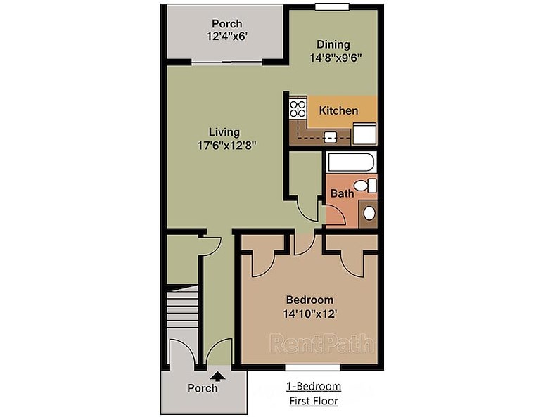 The floor plan of a 2D view of a 1-bedroom first floor at Gateway Apartments in Edwardsville, Pennsylvania