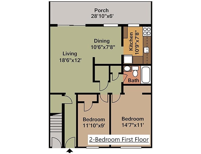 The floor plan of a 2D view of a 2-bedroom first floor at Gateway Apartments in Edwardsville, Pennsylvania