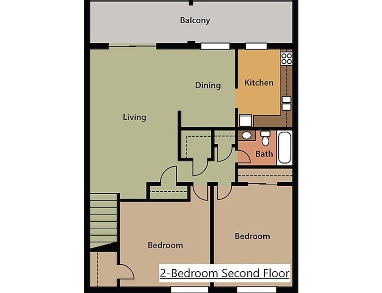 The floor plan of a 2D view of a 2-bedroom second floor at Gateway Apartments in Edwardsville, Pennsylvania