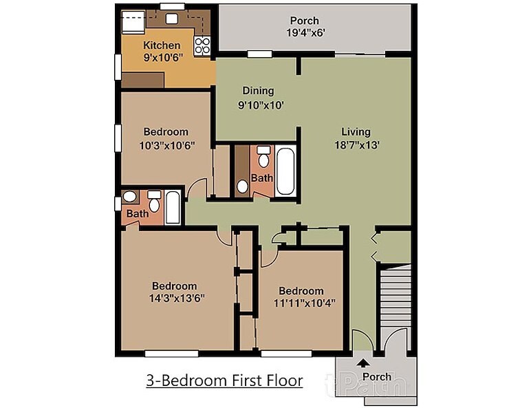 The floor plan of a 2D view of a 3-bedroom first floor at Gateway Apartments in Edwardsville, Pennsylvania