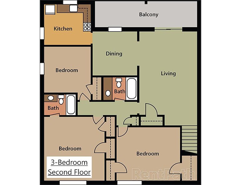 The floor plan of a 2D view of a 3-bedroom second floor at Gateway Apartments in Edwardsville, Pennsylvania