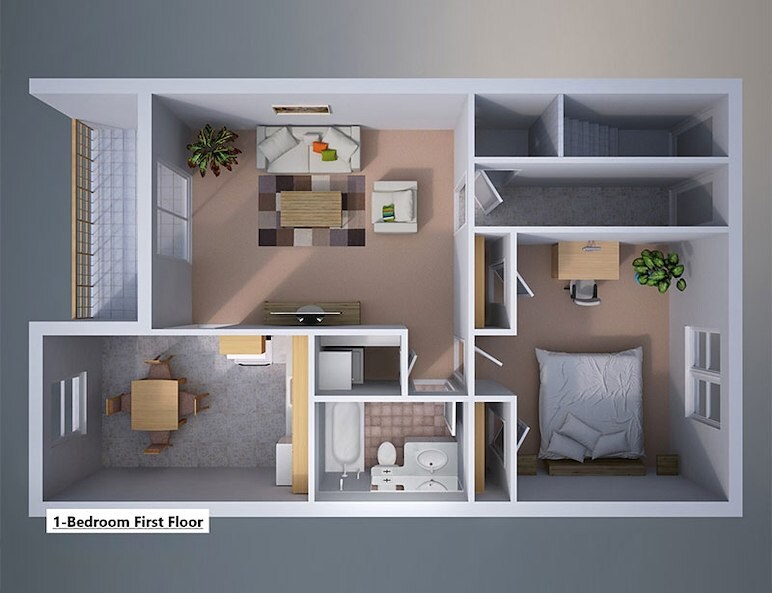 The floor plan of a 3D view of a 1-bedroom first floor at Gateway Apartments in Edwardsville, Pennsylvania