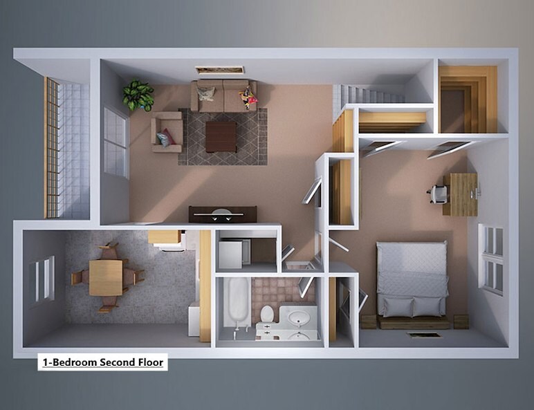 The floor plan of a 3D view of a 1-bedroom second floor at Gateway Apartments in Edwardsville, Pennsylvania
