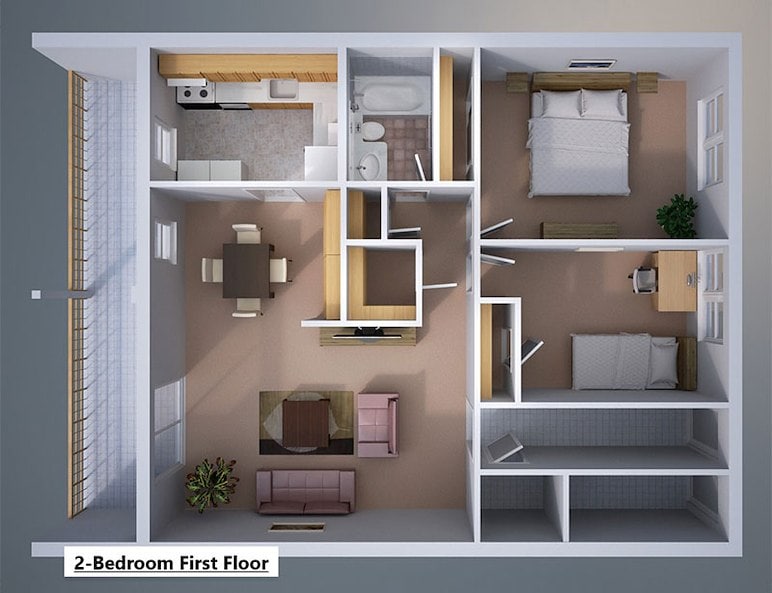 The floor plan of a 3D view of a 2-bedroom first floor at Gateway Apartments in Edwardsville, Pennsylvania