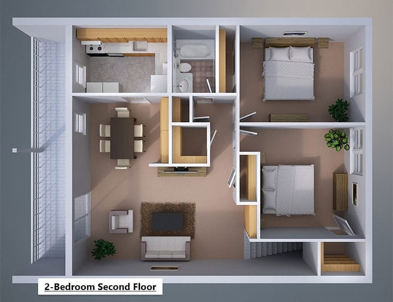 The floor plan of a 3D view of a 2-bedroom second floor at Gateway Apartments in Edwardsville, Pennsylvania