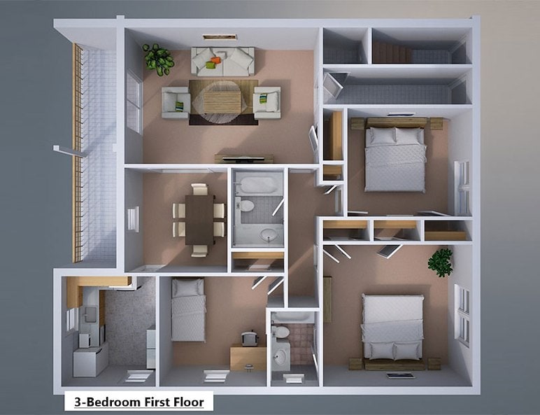 The floor plan of a 3D view of a 3-bedroom first floor at Gateway Apartments in Edwardsville, Pennsylvania