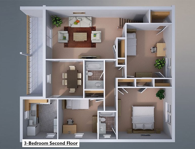 The floor plan of a 3D view of a 3-bedroom second floor at Gateway Apartments in Edwardsville, Pennsylvania