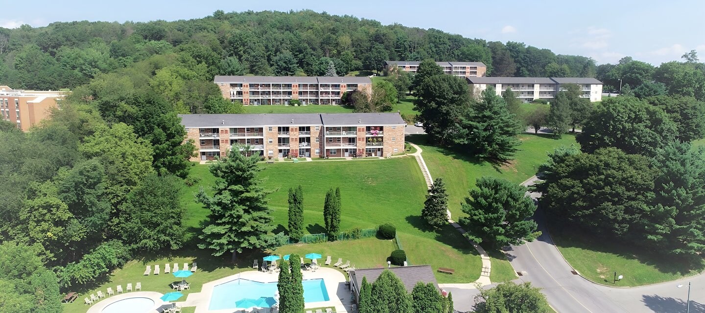 An aerial view of the resort and pool at the resort, Grampian Hills Apartments, Williamsport, Pennsylvania