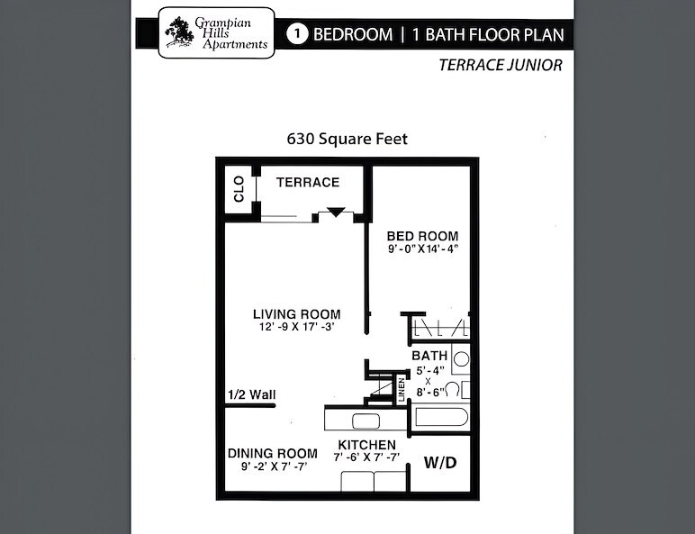 The floor plan for a one bedroom apartment, terrace junior, Grampian Hills Apartments, Williamsport, Pennsylvania